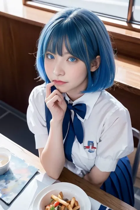 (from above:1.2),(((beautiful detailed)))(cute face:1.2)1girl, A girl stuffing her face with french fries, Girl crying while eating a pile of french fries, Inside a 1950s-style diner, 1950s-style interior, Navy blue hair, blue eyes, A short-sleeved white s...