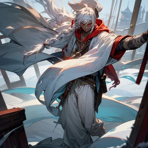 1male, young adult, dark skin, finely detailed red eyes, wild long hair, white hair color, long braid, snow hoodie, head band, baggy pirate pants, pirate gear, day time, snowy village, calm expression, muscular, tattoos, bandages around arm, anatomically c...