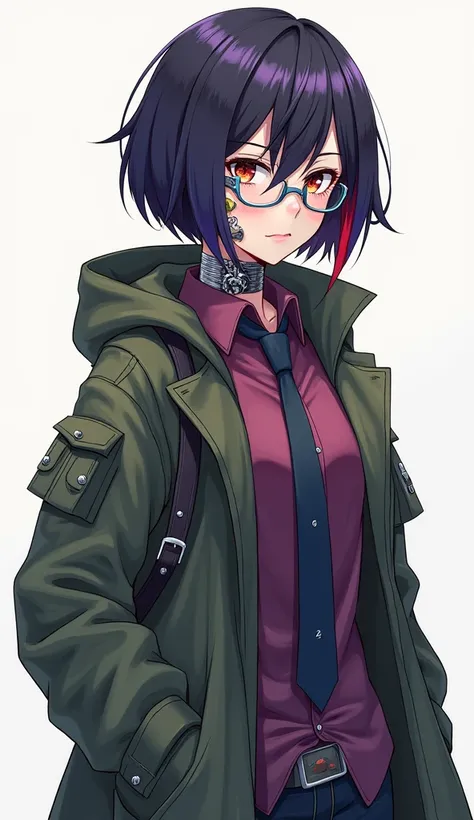 dark blue bob、internal dyeing （Purple red）、 different color eyes （Left red、Right olive green） 、wear glasses （silver frame）、Some mechanical parts are exposed on the face and feet、Purple red襯衣配深藍色領帶、Wearing a military green coat、anime style、character design、...