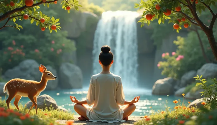 A middle-aged Asian woman, with hair tied up, meditating in front of a small waterfall, surrounded by a flower garden and fruit trees. A curious deer slowly approaches, attracted by the serenity of the moment.