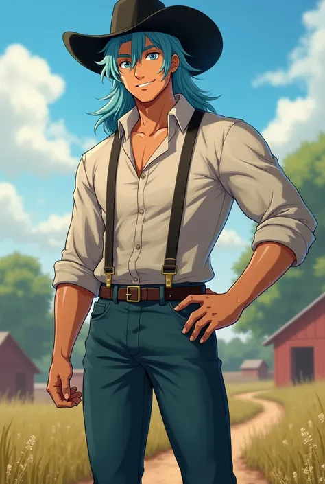 man, a little tan, long light blue hair, blue eyes, black cowboy hat, farmer clothes, smiling, full body, 2 meters high, delgado, Alone, full body, handsome, a little muscular, anime