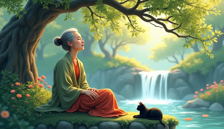 An elderly Asian woman, sitting under a fruit tree, with a small waterfall next to it. A black cat rests in its shadow, as she breathes deeply, absorbing the peace of the environment.

