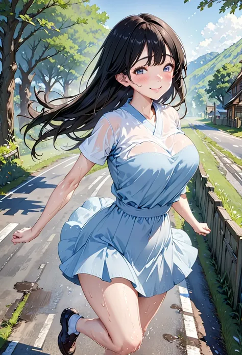 running、thin、cute、One Woman、smile、(へそが見えるrunningウェア)、Large Breasts、Small Butt、Long Black Hair、High resolution, Anatomically correct, Best Quality, Ultra high definition, Textured skin, Country Road、Sweaty、Flushed Cheeks、