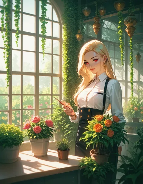 a beautiful, intricate, highly detailed, masterpiece illustration of a single man with striking red eyes, golden hair, gazing intently at the flowers in a glass greenhouse filled with potted blooms and lush foliage, surrounded by an abundance of vibrant fl...