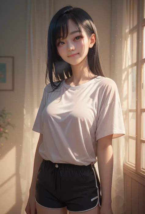 Asian woman with shoulder-length wavy black hair, tangle, Pale skin, Dark circles under the eyes, Wear a white t-shirt, Cold eyes, Frown,Black shorts,smile