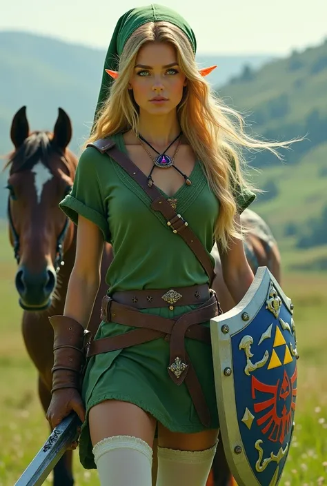 Make a woman, with long blond hair, a green pointed cap, gigantic breasts, a green short-sleeved shirt, leather gloves, a short green skirt, white stockings, long leather boots, a leather belt, a leather belt crossed across the chest, the metallic Hyrule s...