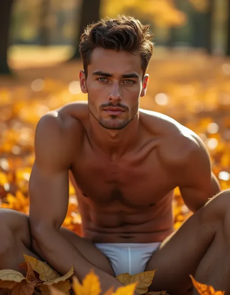 (1boy, photorealistic:1.4, masterpiece:1.2, ultra detailed, best quality, 4k), a young handsome male model laying on the ground in a pile of autumn leaves wearing only underwear, view from above, full body image, Bathed in the golden light of a beautiful a...