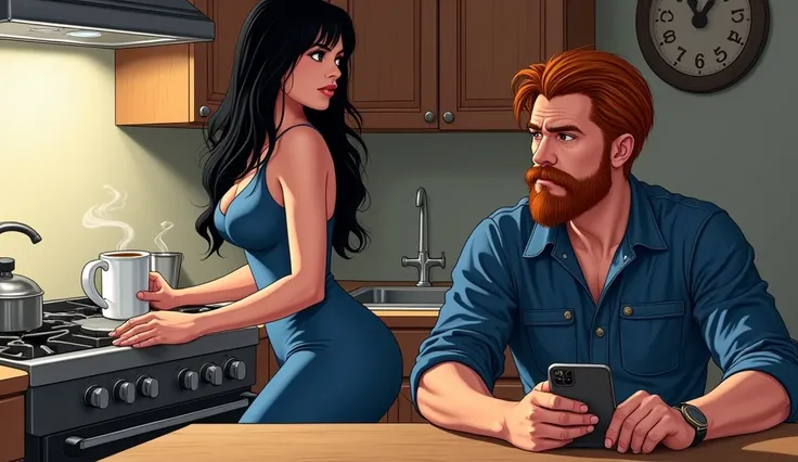 A beautiful woman with straight black hair and big breasts wearing a blue dress making a coffee standing in the kitchen near the stove and a handsome man with straight red hair with a beard sitting at a table waiting in a mechanic&#39;s outfit and a cell p...