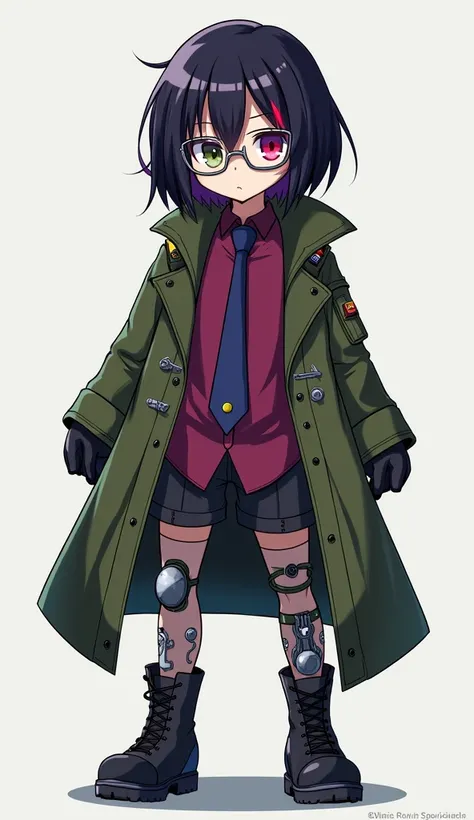 dark blue bob、internal dyeing （Purple red）、 different color eyes （Left red、Right olive green） 、wear glasses （silver frame）、Some mechanical parts are exposed on the face and feet、Purple red襯衣配深藍色領帶、Wearing a military green coat、anime style、character design、...