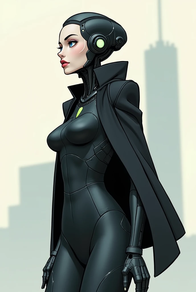 Robot woman in anime, a simple robot with a cartoon design with a humanoid body and a black coat