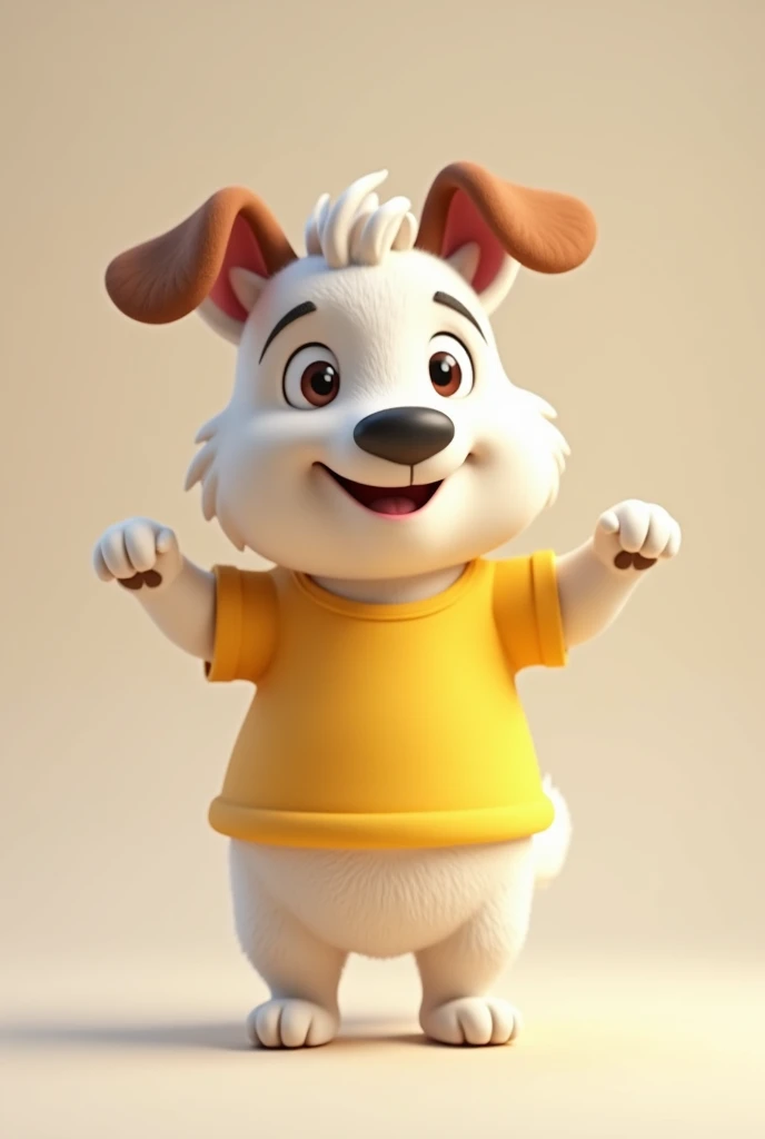 A cute 3D cartoon dog with flat ears, white and brown, smiling, pointing with both paws to the right side , standing, with a yellow t-shirt