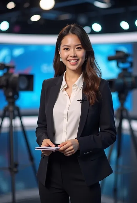 A pretty girl journalist giving a news 
