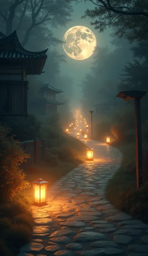 A path lit by lanterns at night, symbolizing the journey of life and the presence of faith and hope along the way."