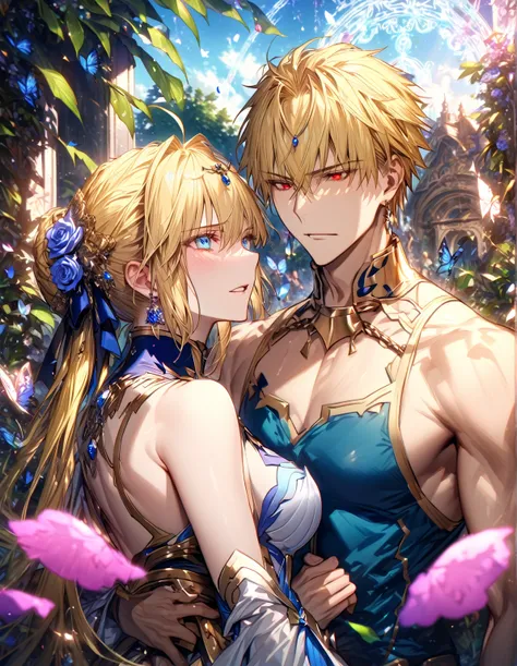 absurdres, highres, ultra detailed, HDR, master piece, best quality, extremely detailed, detailed eyes, detailed face, Gilgamesh, blonde hair, expressive red eyes, Fate Grand Order, Artoria Pendragon, Saber, blonde hair, expressive turquoise eyes, handsome...