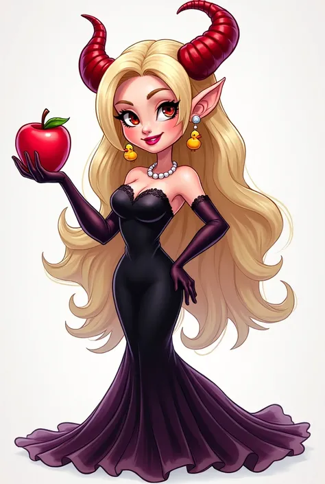 A cartoon image of a barbie  ,long blonde hair  ,brown eyes ,dressed in a long, tight dress ,black long sleeve sheer sleeves, sweetheart neckline , large, backward-curved red horns on its head ,pearl necklace,yellow duck earrings,and in his hand a red appl...