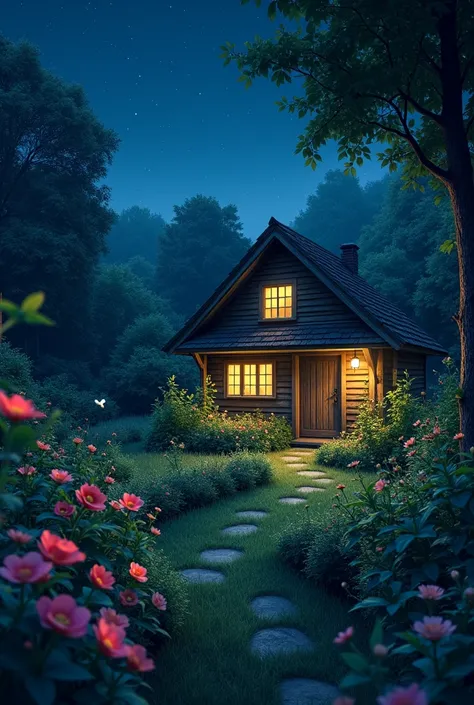 Night view of a lush garden with a partially illuminated wooden house in the background 
