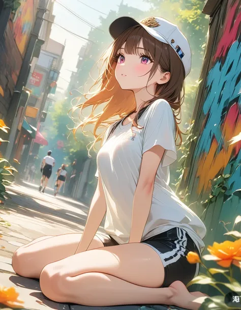 fashion girl,sports shorts, white peaked cap, wariza, street graffiti, (extremely delicate and beautiful: 1.2), movie angle,(bea...