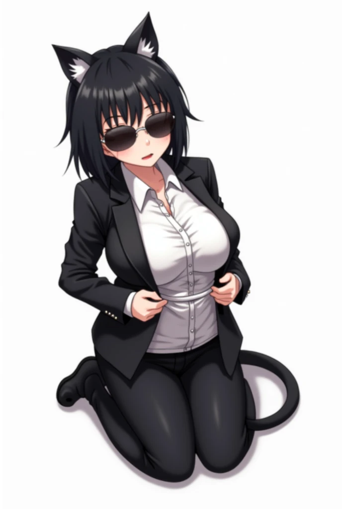 make it in anime style and with a white background, a white woman, with short straight black hair, an embarrassed expression, black eyes, With BIG breasts, with cat ears, with cat tail, wearing a black somuki1ng, with a white dress shirt underneath, she we...