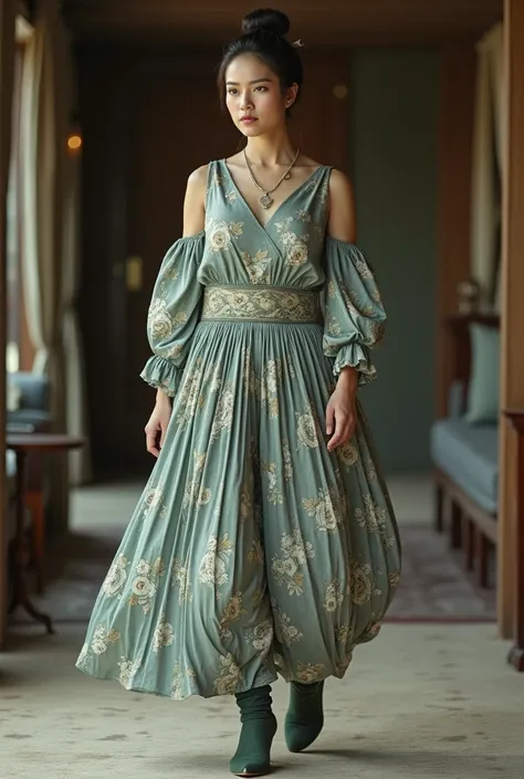 beautiful mature japanese female corsack warrior, fair skin, bun updo hairstyle, intricated grey green flower prints patiala salwar, pleated patiala salwar, intricate pleats, baggy patiala salwar, lots of volume, tall high heel boots, 34 28 32 figure, gent...