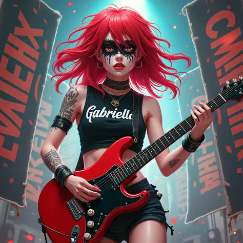 a girl,wearing short rocker clothes,small chest, with long red hair,the strands of her hair are dyed black, her body is painted white, and near the eyes painted black, she is playing guitar,holding a rock guitar, behind her there are posters and neon light...