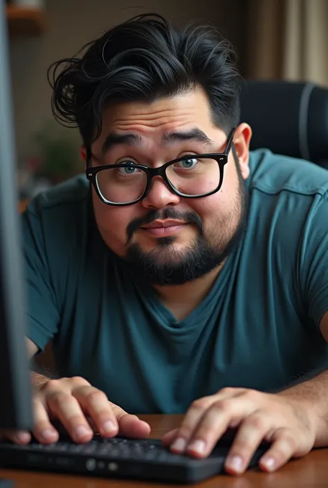 A nerdy man with glasses and a beard working on a computer,unkempt appearance,pimple marks on the cheeks,gordo,fat and round face,Alone, High resolution, black hair, best quality, anatomically correct, Necessary, Frontal photo,blue eyes, passionate look, c...