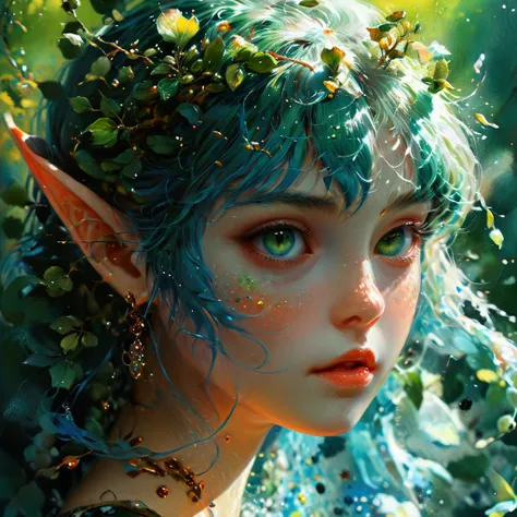 1girl, magic, elfin, genshin, (magic:1.3), (kuroume:0.4), 80s style art, painting, (realism, 3d:1.4), (psychedelic:1.2), (oil theme:1.6), (watercolor theme:1.3), ((sannso, sul, matcha)), [[(eyes:0.1)]::bioluminescence], [[(hair:0.2)]::leaves]