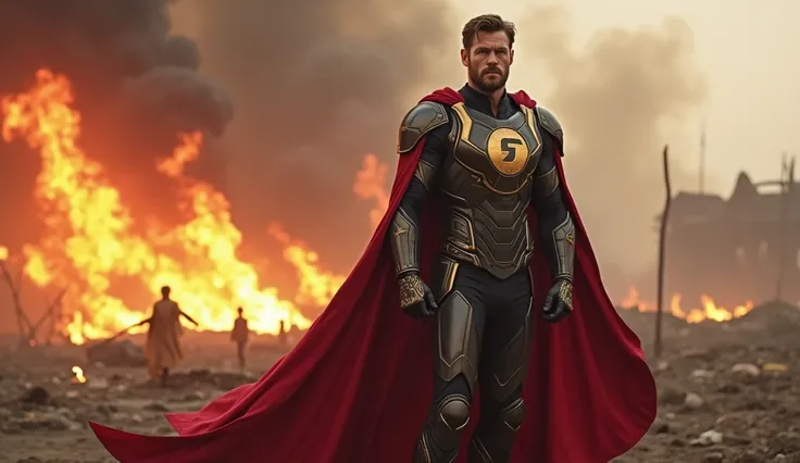 Chris Hemsworth wears a sledgehammer costume, metallic black color combination, red and gold accents, equipped with letter symbols ("g") gold on the chest, crimson robe, and futuristic batik patterns on gloves and shoes. Looking out at the burning village....