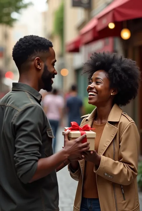 With them standing in front with the lady extremely happy Generate a realistic image of a  black young man with low hair surprising a black lady with slick Afro hair with a boutique and a restaurant shop in a city setting with people in the background 