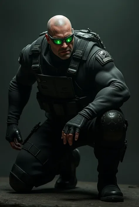 Draw the character Sam Fisher from the video game Splinter Cell in 3D video game style and with his classic night vision goggles 