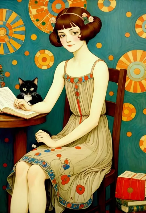 1 girl, round face, giggle, very cute, happy, sitting, read a book, camisole, full length, Gustav Klimt: art-nouveau style, George Barbier: Art-Déco style, paul-klee: abstract style,