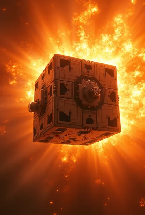 cube-shaped, robotic-looking spacecraft passing through solar flares