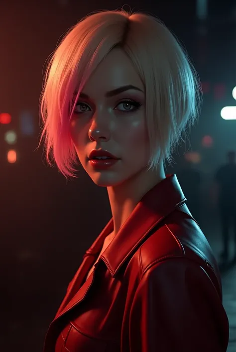 I want a woman identical to the character Maria from the game Silent Hill 2, she has short hair, platinum blonde, with a strand painted dark pink, almost red, with a red jacket, with a melancholic expression looking to the side, don&#39;t forget the dark p...