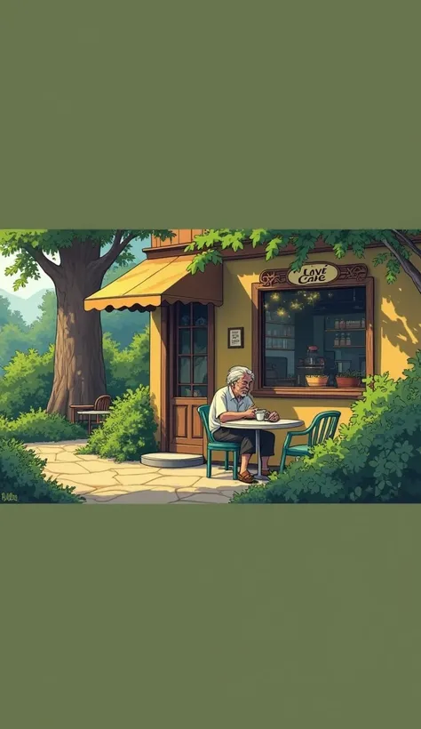 line-art painting of an coffee shop surrounded by green with the sign say "love Cafe", vibrant greeny color, glittering sunlight, detailed texture. Old man sitting in a cafe smoking