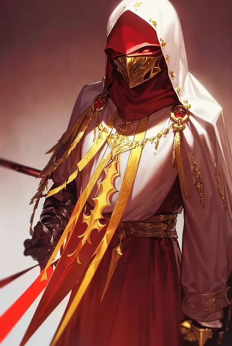 (( a murderer)),((the whole body)),((male gender)),((in a magical world)),((with a blood red fantasy outfit, White,therefore,and golden yellow)),((With a black mask covering his mouth),((with a hood)),((with a dagger at his waist)),((cabelo therefore)),((w...