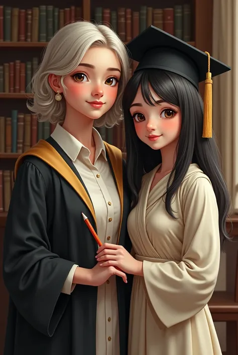 Make me a picture of mother and daughter bachelor photo with library background, The mother is of average height and has light hair., big brown eyes, round face and the fine goddess, The daughter has a round face and black hair., light brown eyes, nice and...