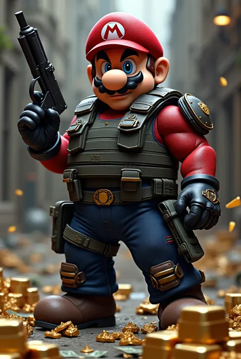 Create an armed mario bros with mafia money