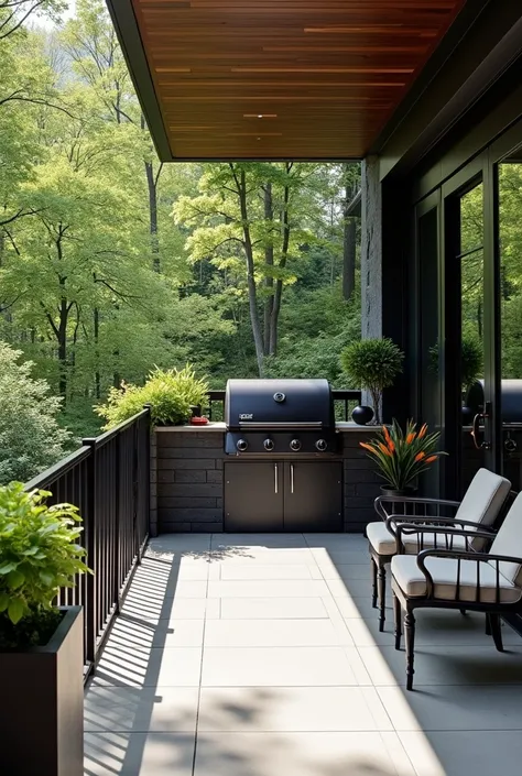 A large balcony with a black brick barbecue 