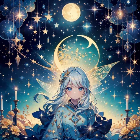 1fairy,Highly detailed face、(((Best Quality、Masterpiece、Official Art、Super detailed、32K、Full HD、CG、High definition)))、The best composition、Golden Ratio、Dramatic lighting、Best lighting、Crescent Moon、star、流star群、star空、starの妖精、Milky white hair、Absurd、Fantasy、...