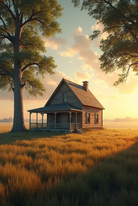 a house with a small balcony, field with relief at dawn with large trees
