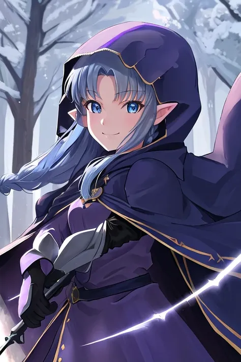 pointy ears, long hair, blue hair, blue eyes, braid, side braid, breasts, purple dress, black gloves, cape, hood, hood up, smile...