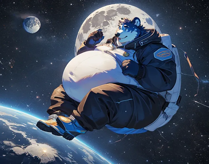 Very Extremely Morbidly-Obese Blue Grizzly Bear with Very Extremely massive Overhang hyper Belly, very extremely overweight, massive belly, chubby face, chubby legs, chubby butt, white space suit, moon background, floating, scar on the face, wears white sp...