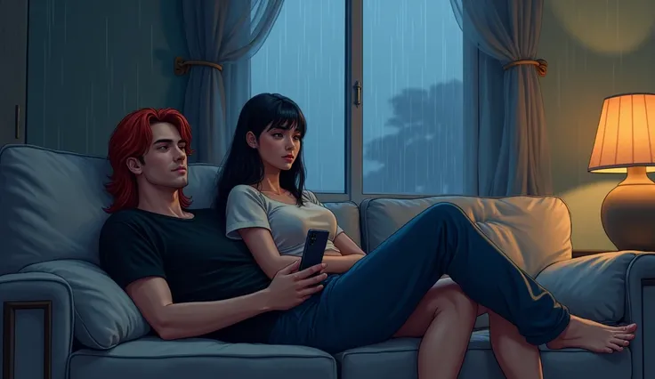 a handsome slim young man with straight red hair lying on a sofa in a black shirt and blue pants and a cell phone in his hand watching a tv in a modest room and a woman with straight black hair with big breasts and a casual outfit near him, and a window in...