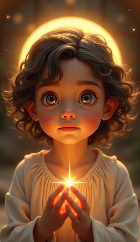 Biblical child character with glowing face and bright eyes 