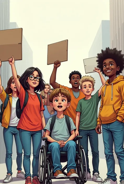 Create an image of 7 teenage children "protesting" drawing style 1. The first girl is pale and has glasses and dark hair 2. a slightly fat boy 3. another short brunette girl 4. a boy in a wheelchair with dark skin 5.a boy with light brown hair, medium blon...