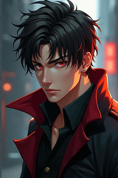 Generates the image of an attractive man, white, Dark brown, reddish brown eyes and works as a hitman in anime style 2.5D