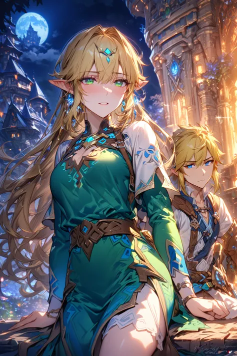 absurdres, highres, ultra detailed, HDR, master piece, Zelda, blonde hair, expressive green eyes, blue clothes, Link, blonde hair, expressive blue eyes, blue clothes, man together with a beautiful woman, couple, in love, best quality, The Legend Of Zelda (...