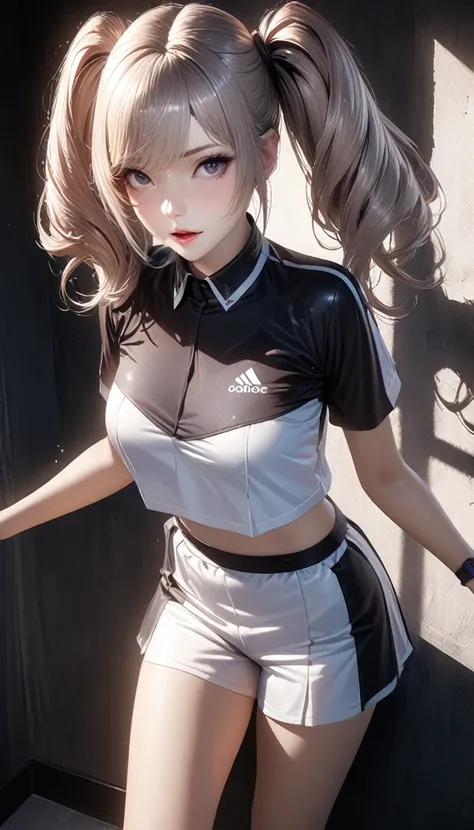 beauty female, glossy silky twin tails, fascinating, make-up, amorous and lewd expression, wearing cropped tennis wear uniform, perfect proportions, delicate and dynamic textures, contrasts of light and shadow, 2.5D, digital graphic CG, artistic photograph...