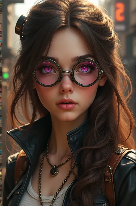 A young woman with brown hair and pinkish purple eyes, with small glasses. His eyes are small and sharp. Steampunk style 