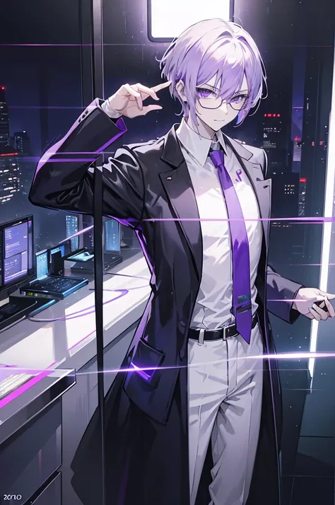 Face through torso, 1man, cyberpunk, short hair (very light purple hair, almost white, with a subtle purple tint), golden eyes, confident and sly smile, mature 20s male, wearing futuristic glasses, calculated and meticulous personality, dressed in a sleek ...