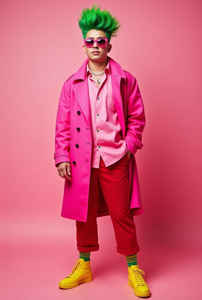 Danish zehen  wears pink shirt in pink coat and red bottom and yellow shoes with green hair
